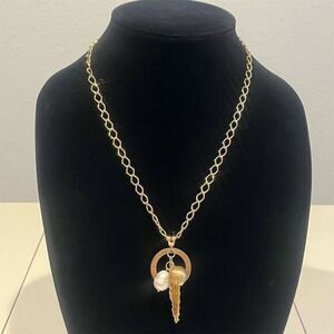 Gold Tone Charm Necklace with Unique Pendant Design Pearl RL Brazil